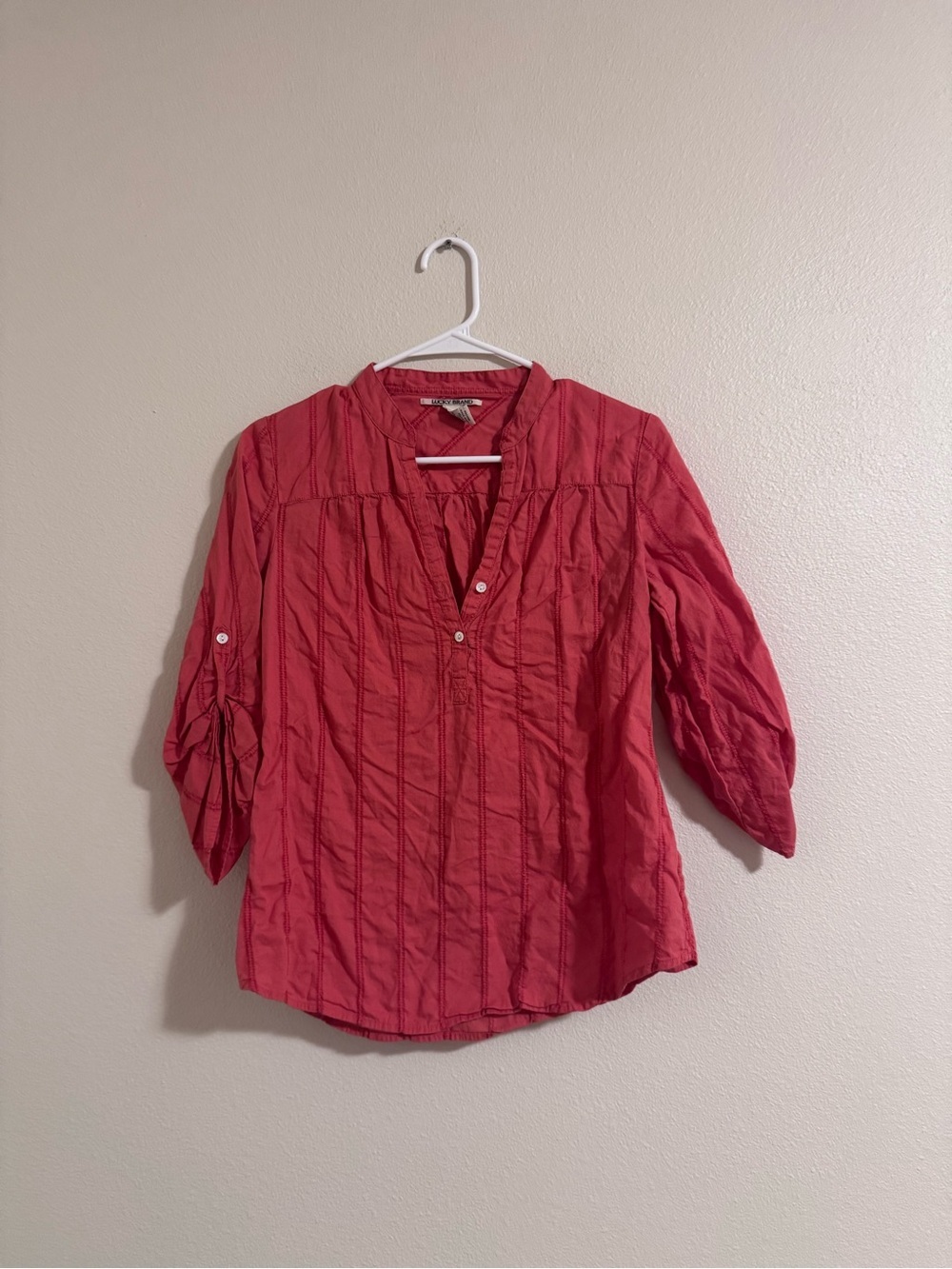 Lucky Brand Coral Pintuck Split-Neck Blouse